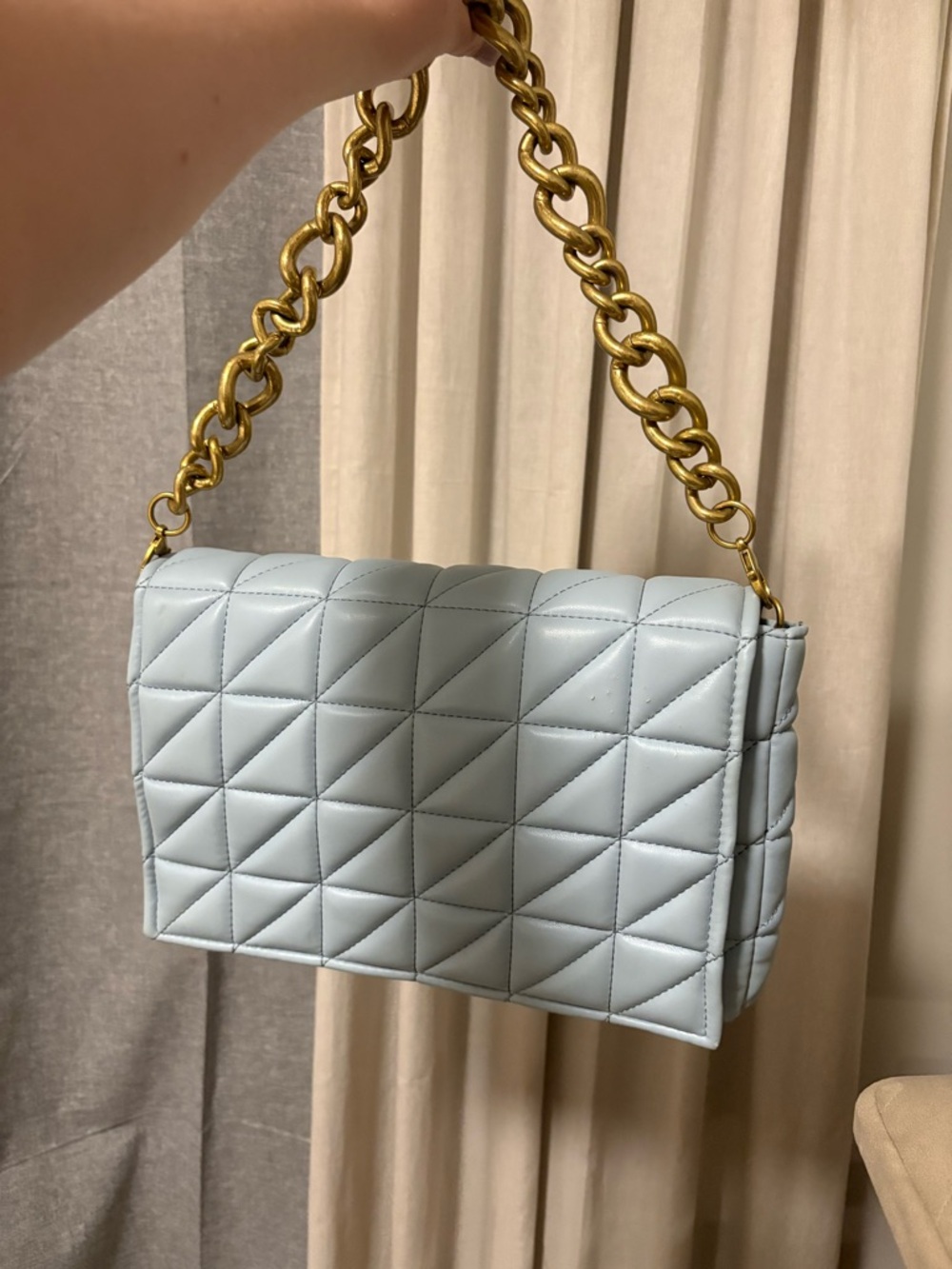 Zara Quilted Light Blue Shoulder Bag with Gold Chain clutch
